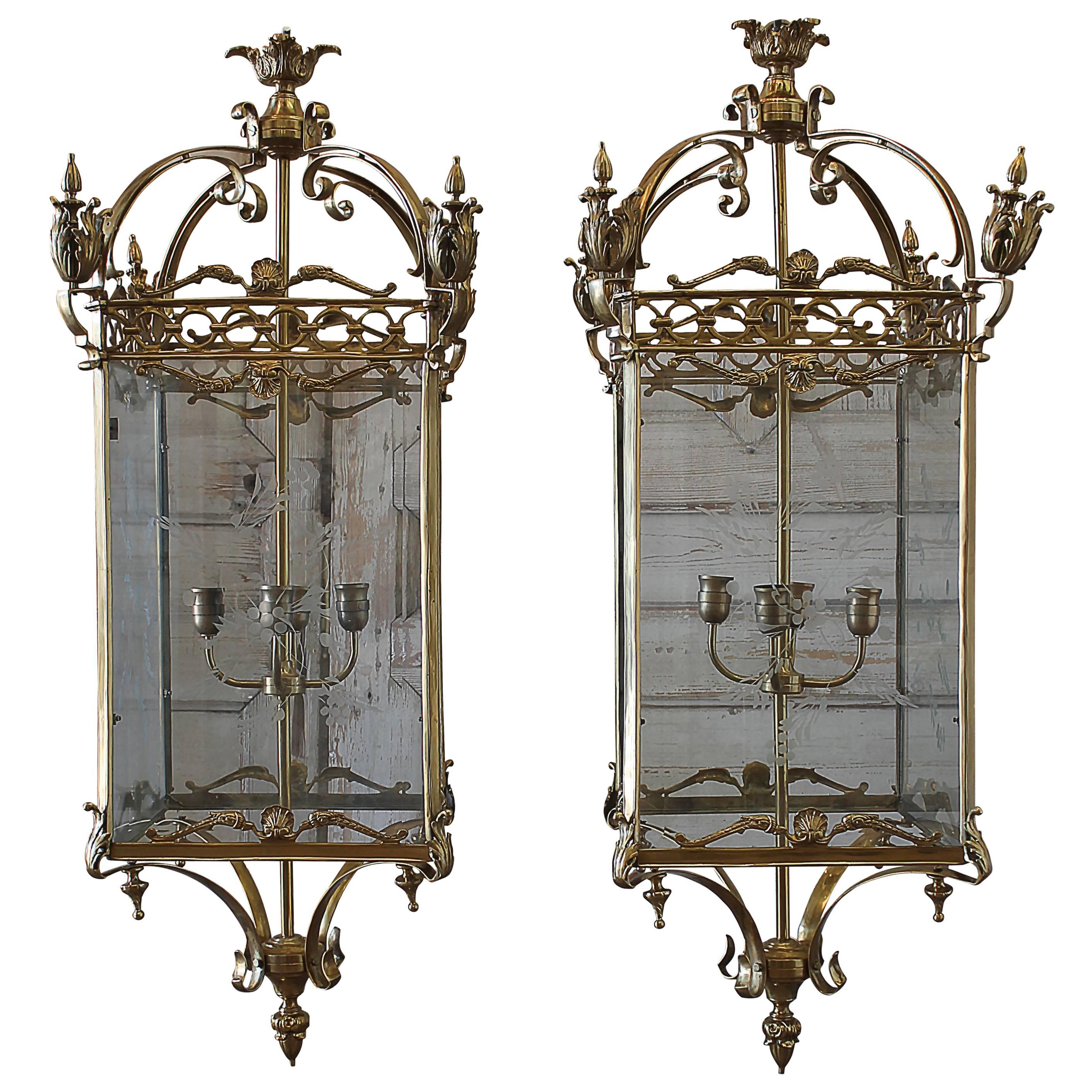 English Gilt Bronze Lantern Lights with Etched Glass 5