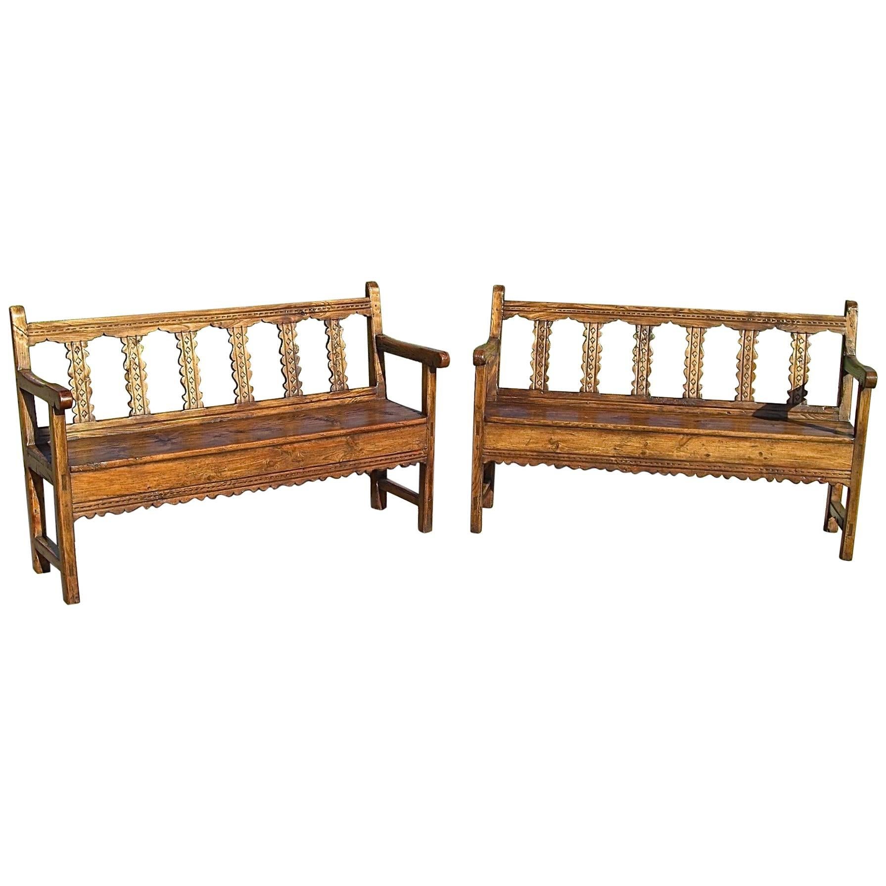 Matched Pair of Late 18th Century Pine and Elm Pyrenees Benches