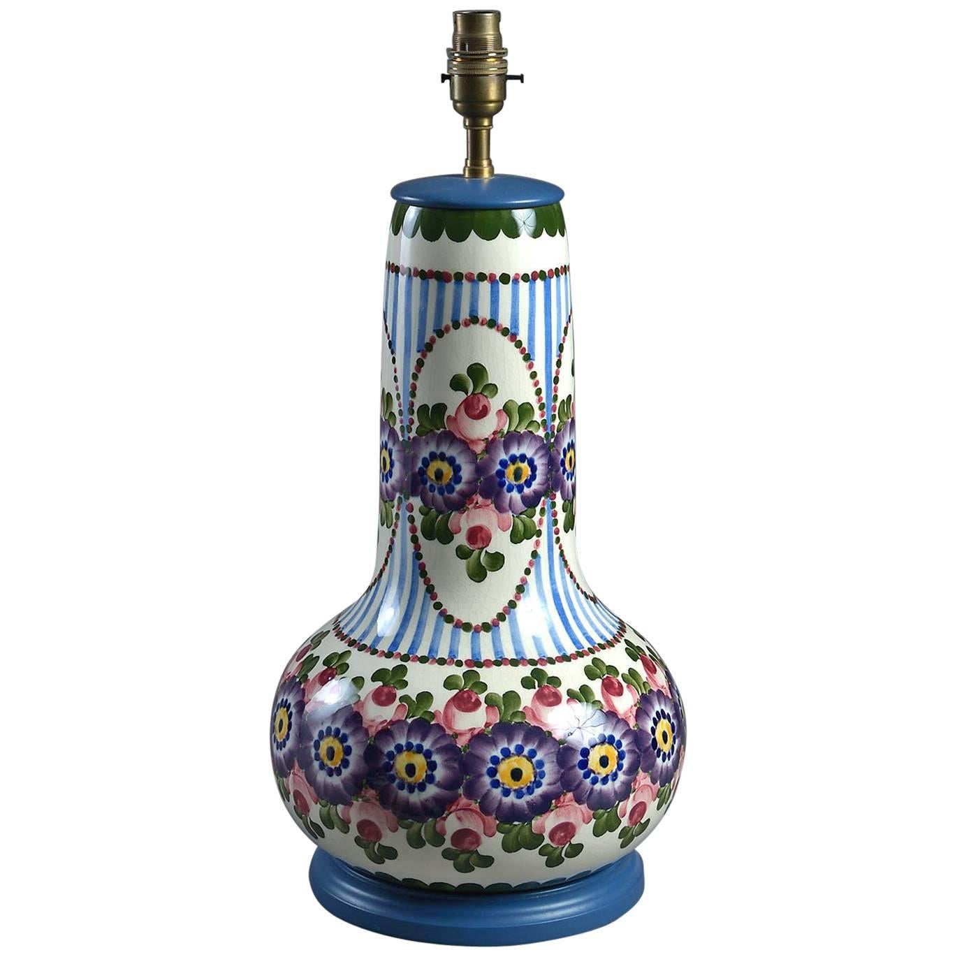 Early 20th Century, Floral and Striped Vase Lamp For Sale