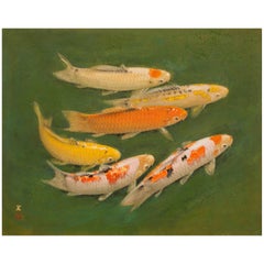 Japanese Single Panel Painting of Swimming Carp