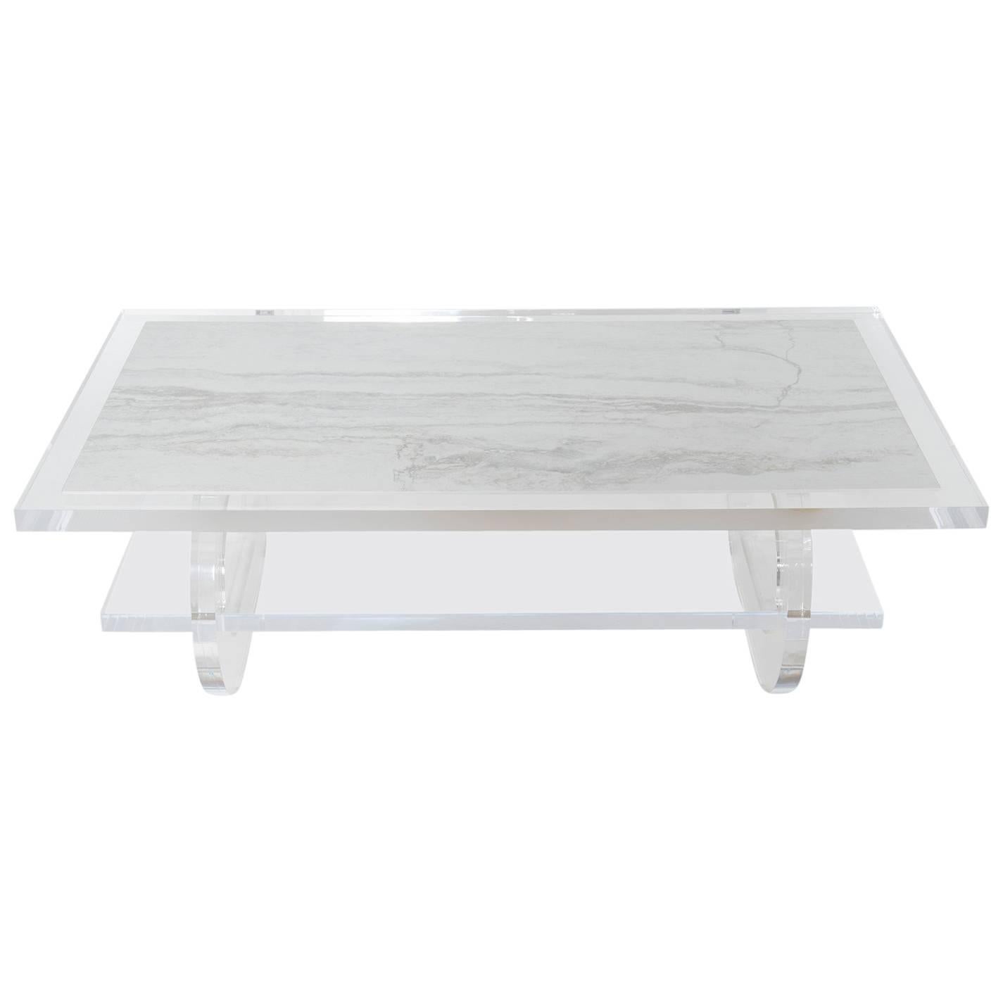 Two-Tiered Lucite Cocktail Table with Marble Inset Top