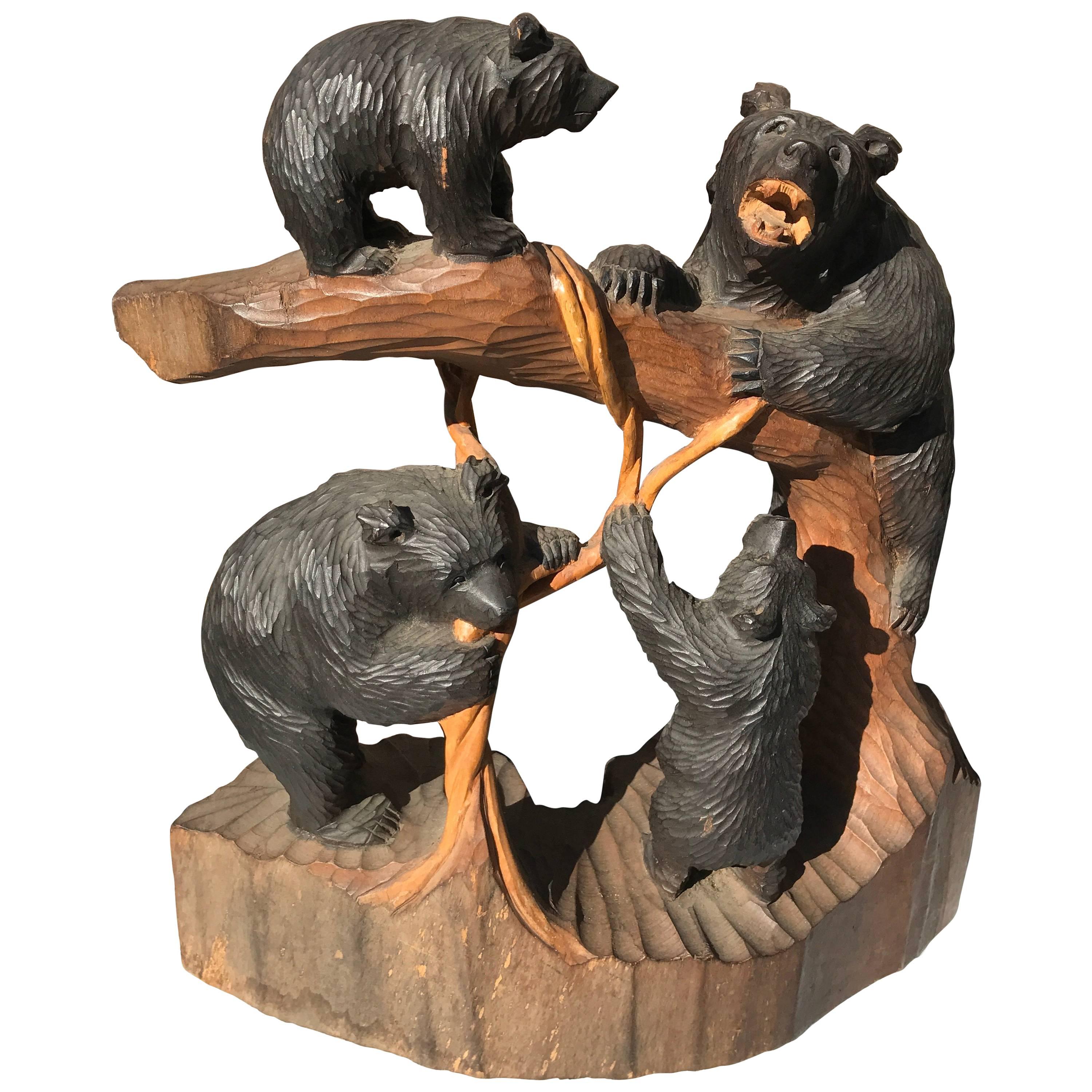 Bear Family Climbing Tree, Old Japan Handcrafted Sculpture, Mint and Signed