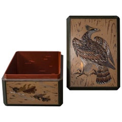 Japanese Antique Lacquer Document Box with Elaborate Hawk and Faux Oak Grain