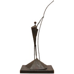 Brutalist Metal Sculpture of Figure Holding Spear