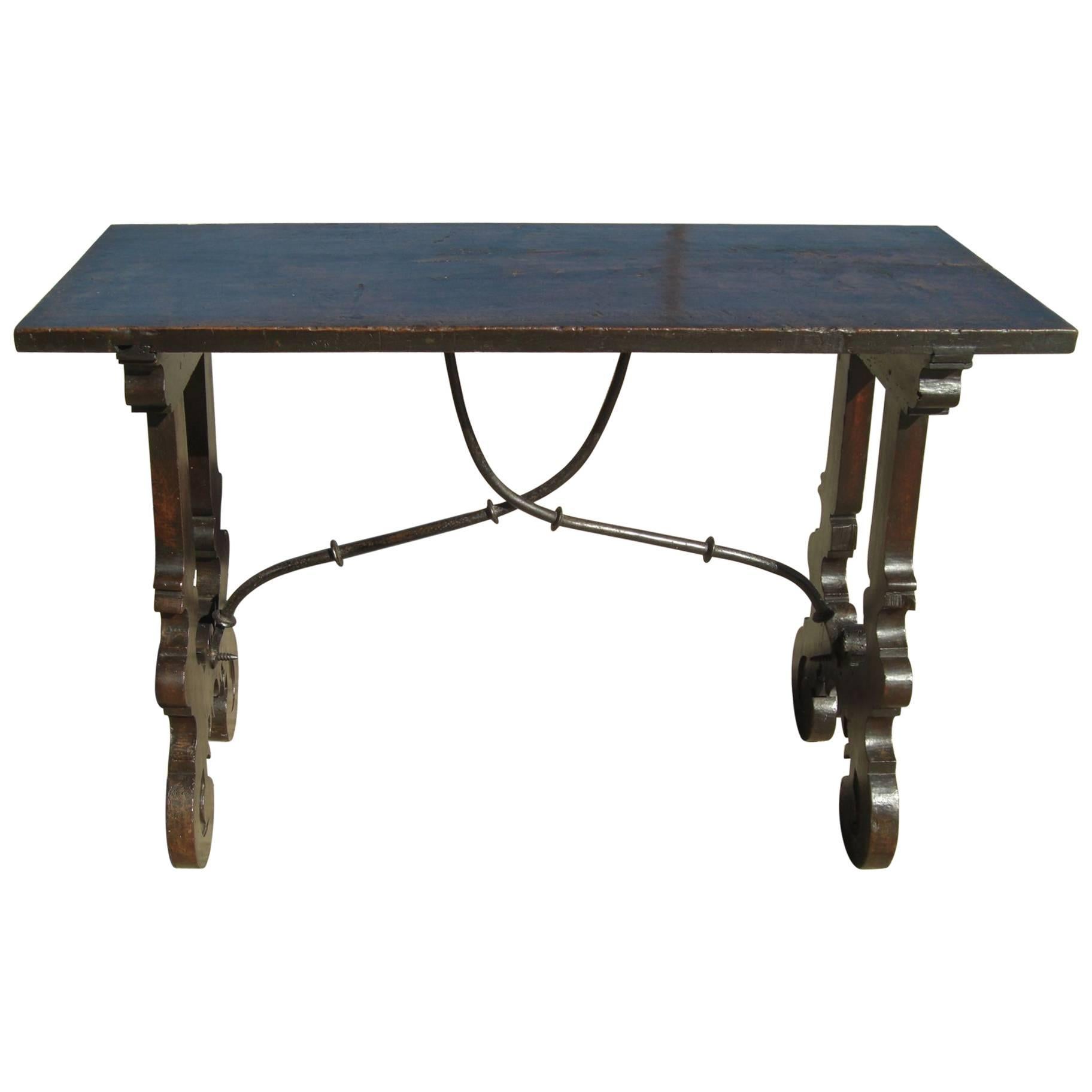 Late 17th-Early 18th Century Walnut Lyre Leg Table with Iron Stretchers