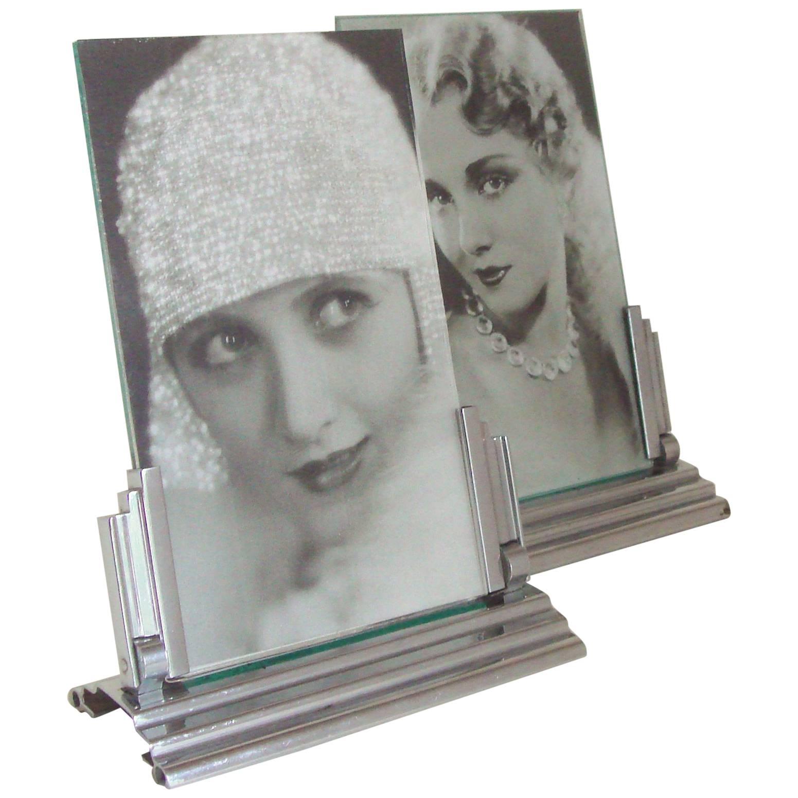 Pair of French Art Deco Chrome Ziguratt Stepped and Angled Photo Frames