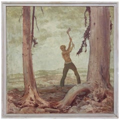 Framed Oil on Board of a Lumberjack Signed “Max Frey 1938”