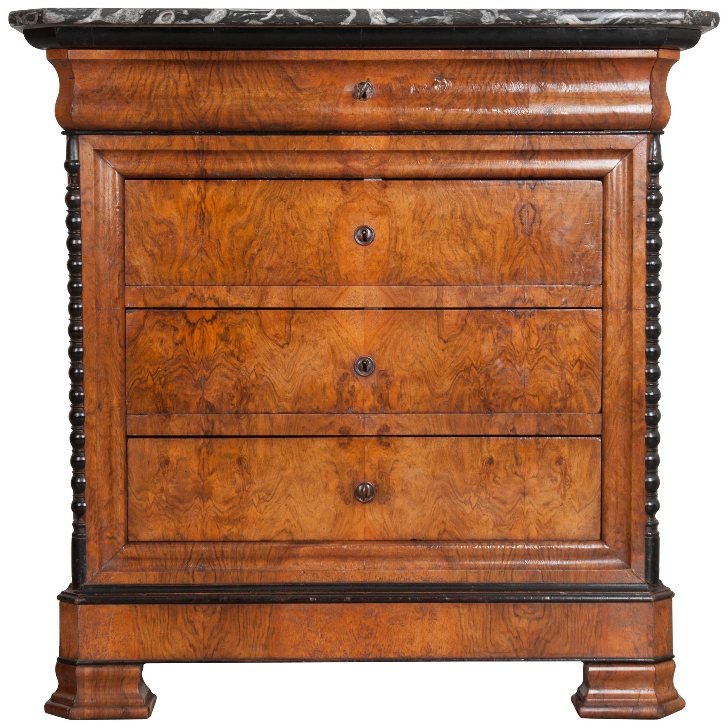 French 19th Century Louis Philippe Burl Walnut Commode with Marble Top