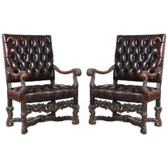 1930s, Italian Baroque-Style Leather Armchairs, a Pair