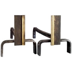 Minimalist Textured Steel and Brass Andirons, France, 1970s Minimalist Textured Steel and Brass Andirons, France, 1970s