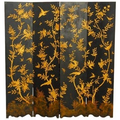 Chinese Black Lacquer Flora and Fauna Decorated Four-Panel Screen
