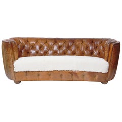 1930s Danish Cabinetmaker's Sofa in Original Tufted Leather and Sheepskin