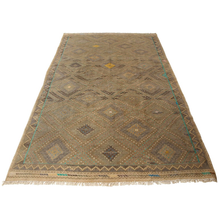 Turkish FlatWeave Jajim Rug with Turquoise Border at 1stdibs
