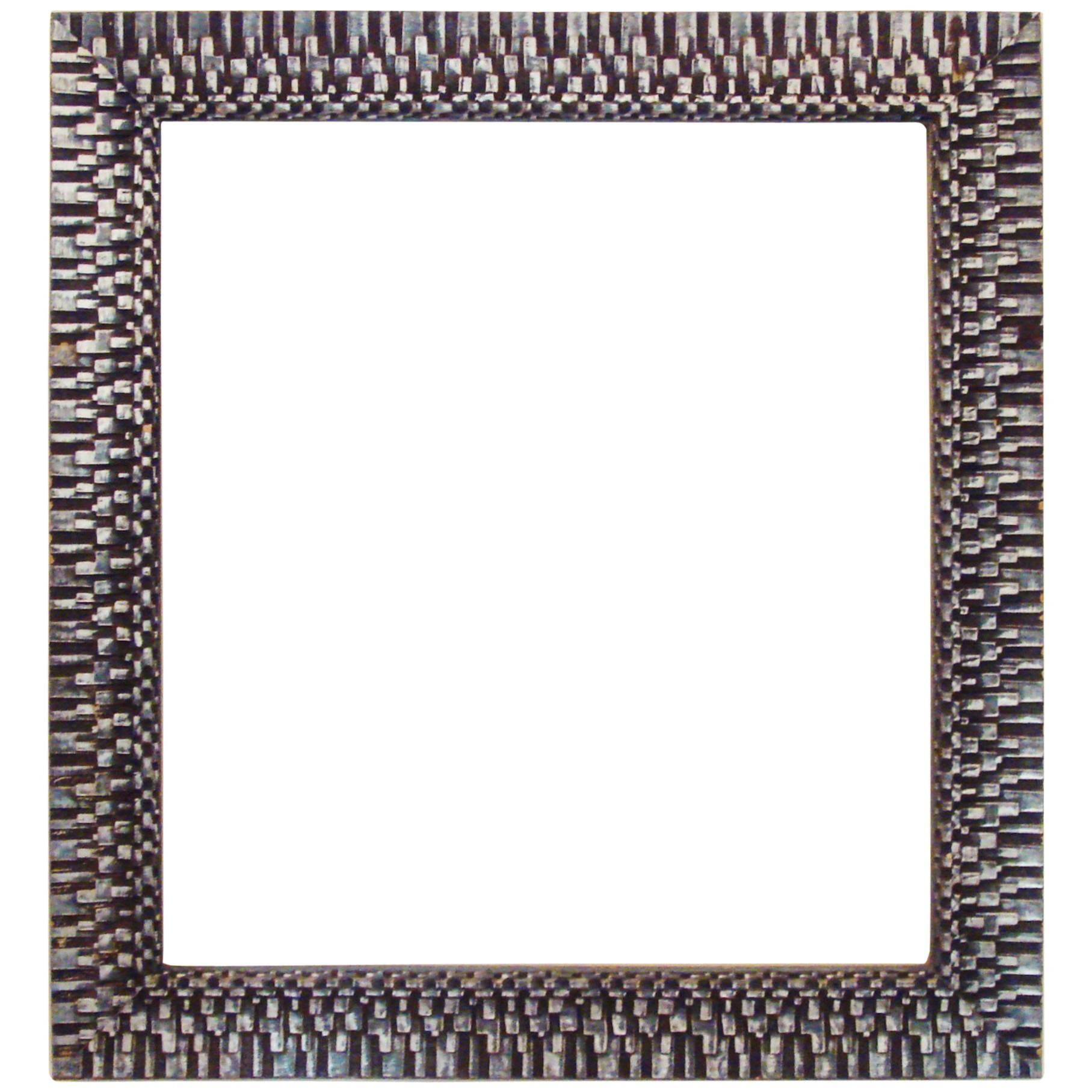 Large American Brutalist Silver Gilded Gesso and Carved Wood Picture Frame