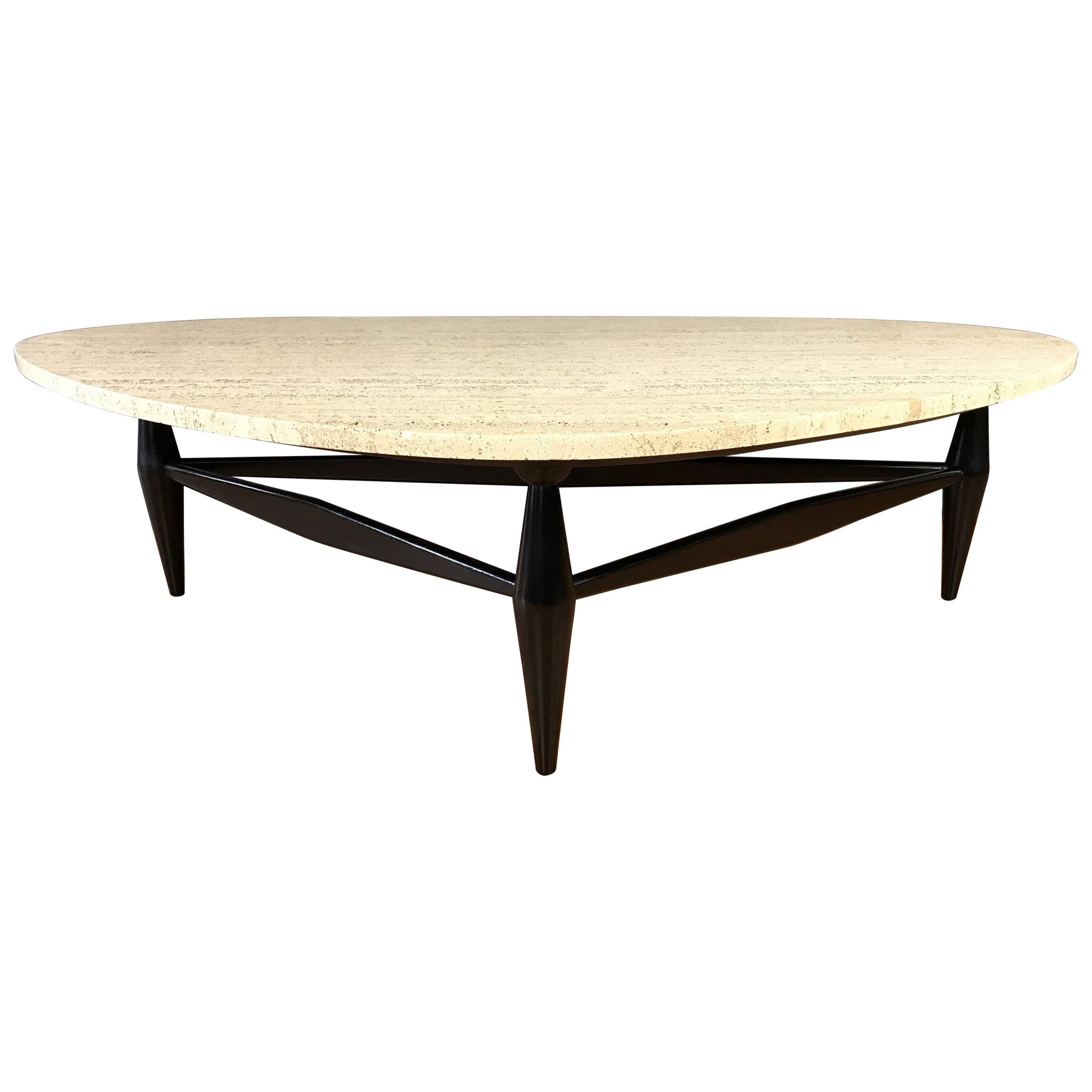 Biomorphic Travertine Coffee Table with Black Lacquered Base