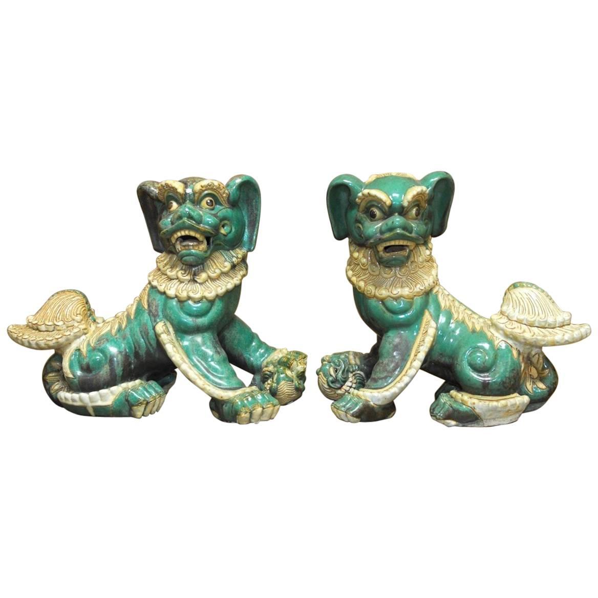 Pair of Chinese Glazed Porcelain Foo Dogs