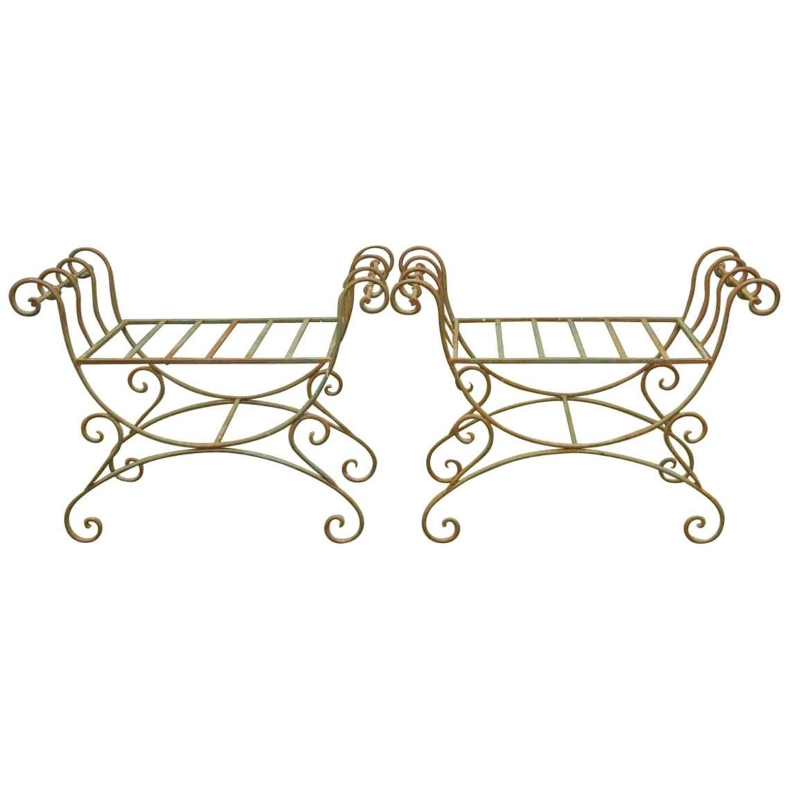 Pair of Hollywood Regency Wrought Iron Curule Benches
