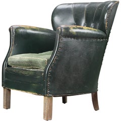Vintage Danish 1930s Small Scale Club Chair in Tufted Patinated Green Leather