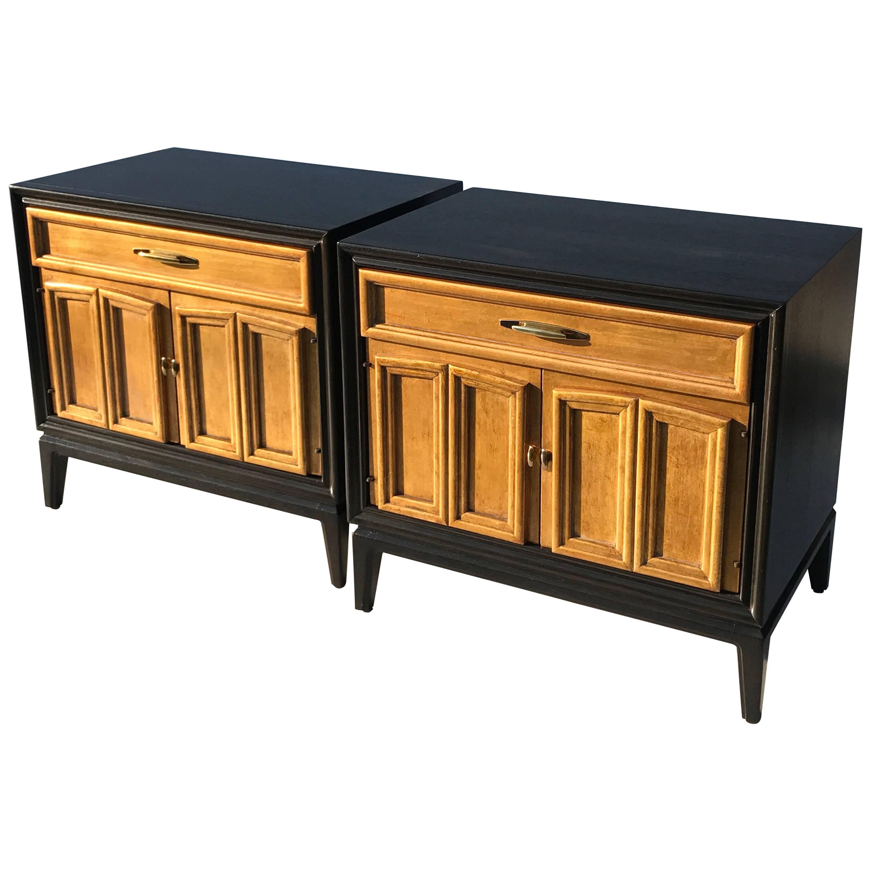 Pair of Ebonized and Gold Leafed Nightstands