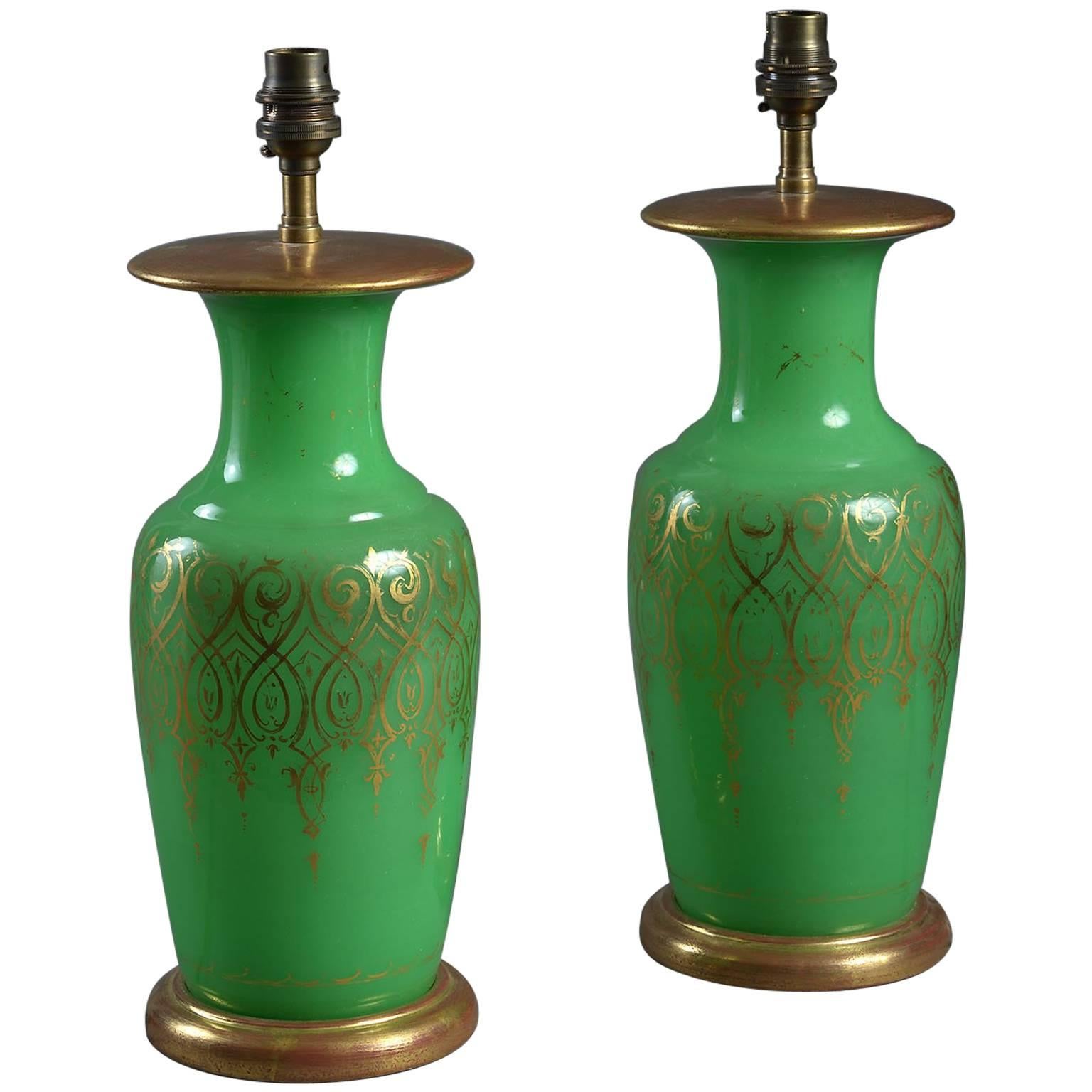 Pair of 19th Century Green Opaline Glass Vase Lamps For Sale