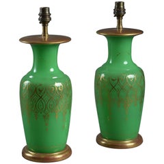 Pair of 19th Century Green Opaline Glass Vase Lamps