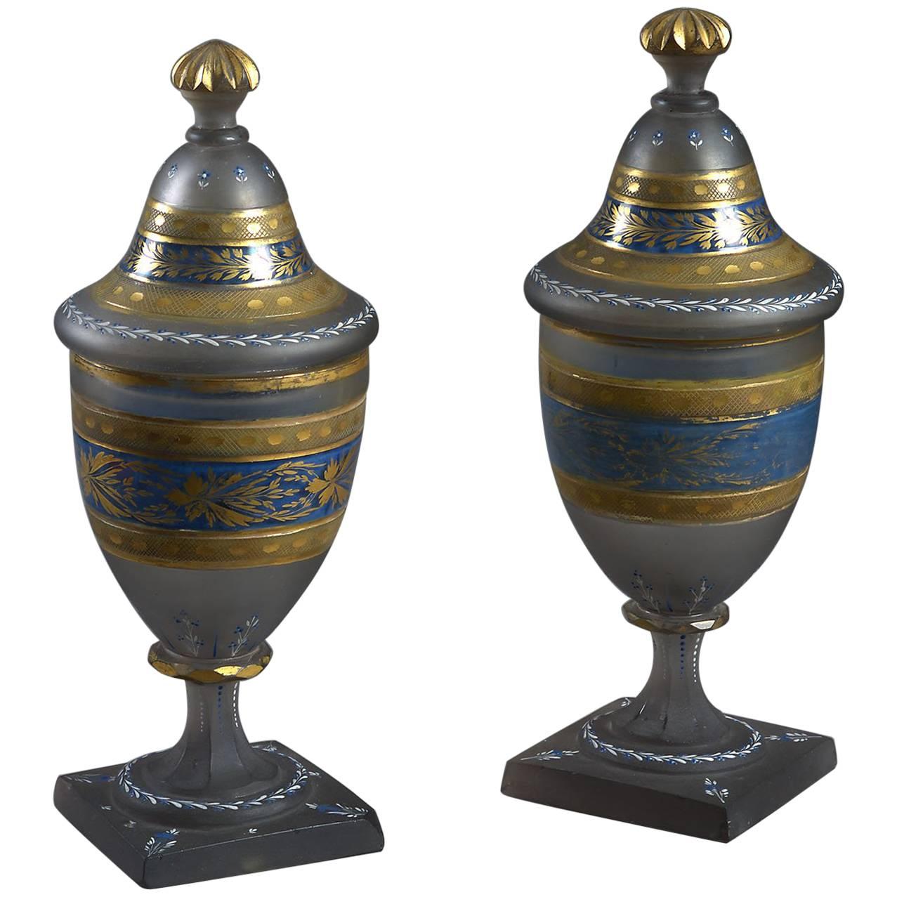 Pair of Early 19th Century Glass Lidded Vases For Sale