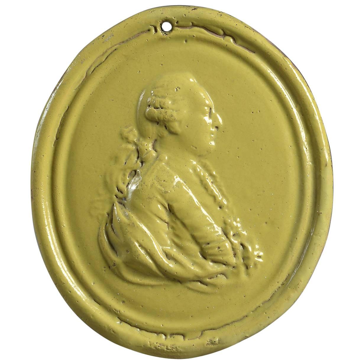 Rare & Unusual Bright Yellow/Green Glazed Terracotta Plaque of King Louis XVI For Sale