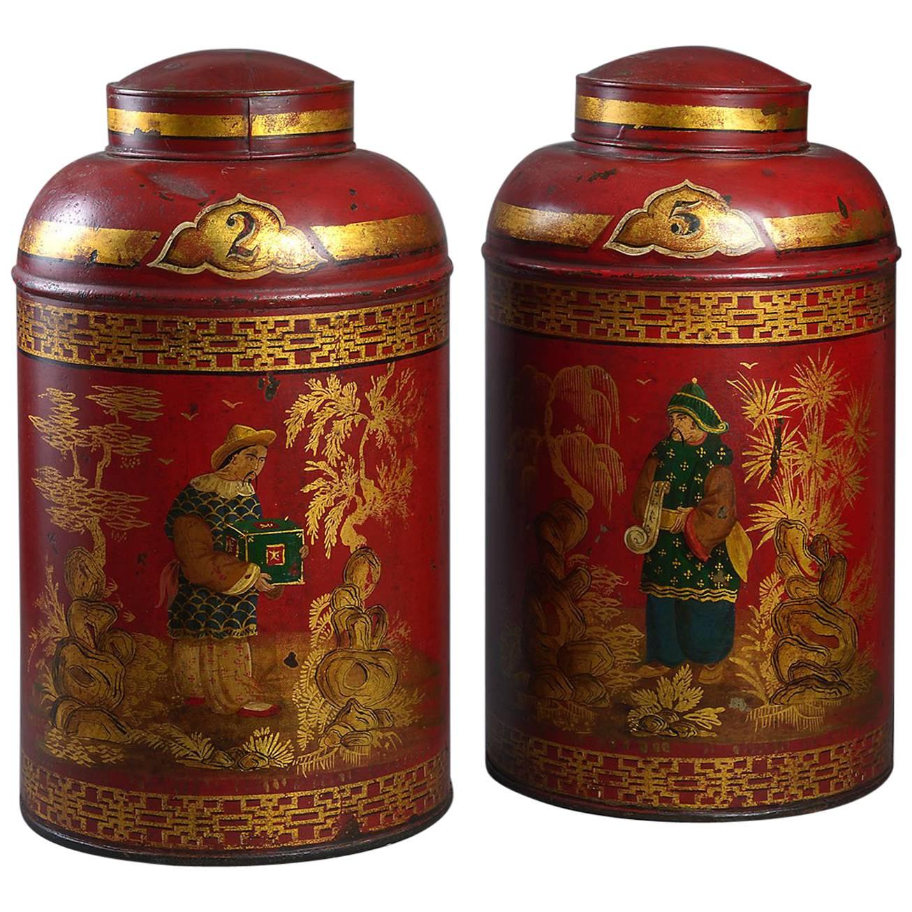 Rare Pair of Early 19th Century Regency Red Lacquer Toleware Tea Canisters