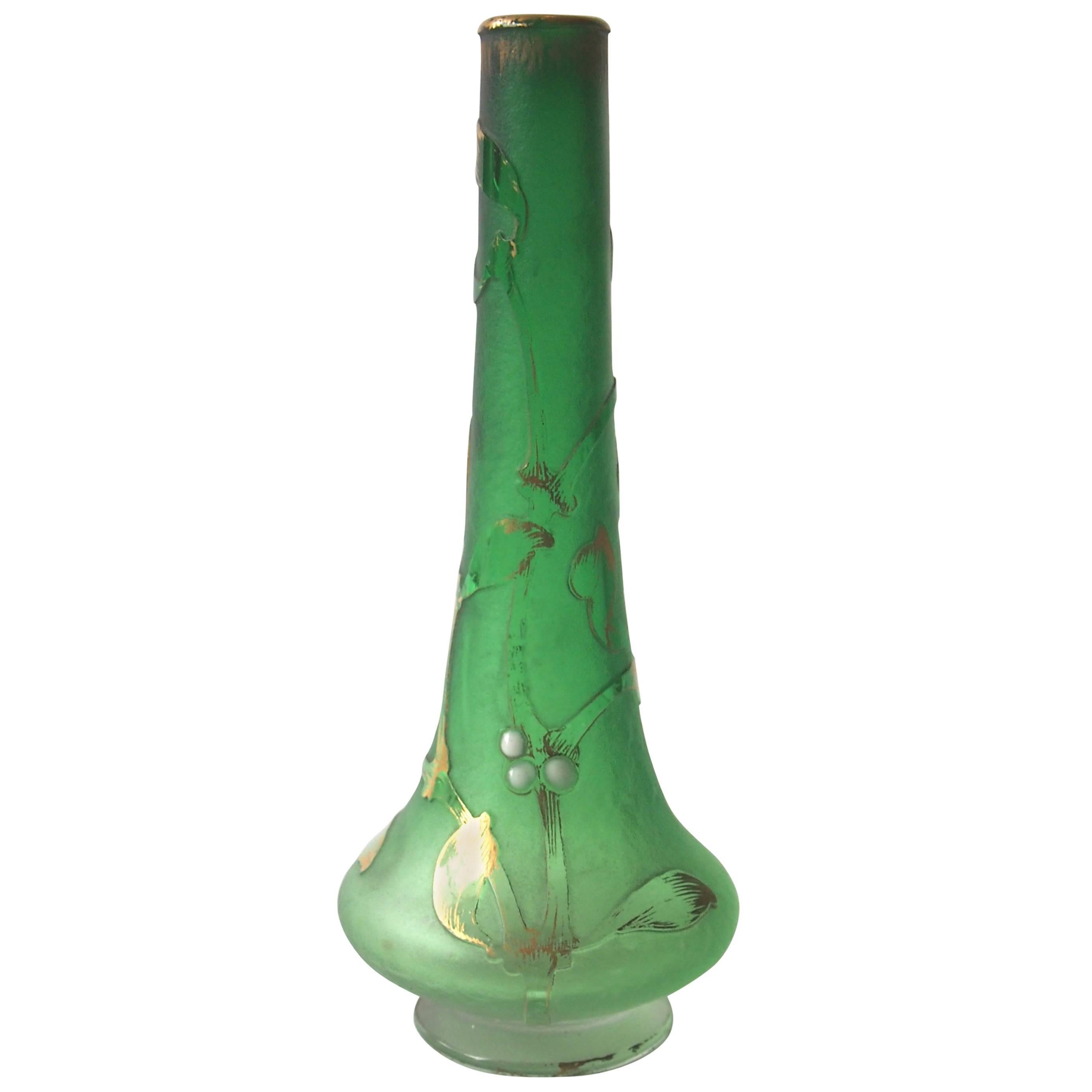 French Art Nouveau Daum Green Mistletoe Glass Vase Circa 1899 For Sale