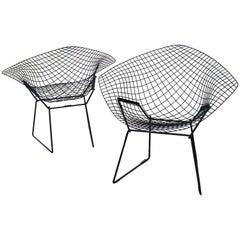 Vintage Pair of Early Harry Bertoia for Knoll Black Wire Diamond Chairs