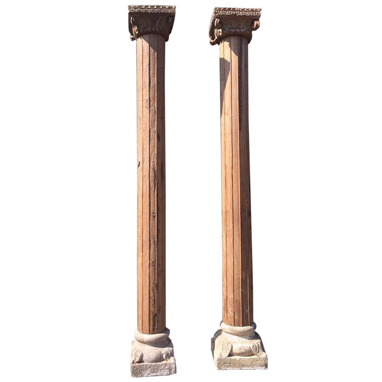 Monumental Solid Wood Carved Columns with Stone Bases