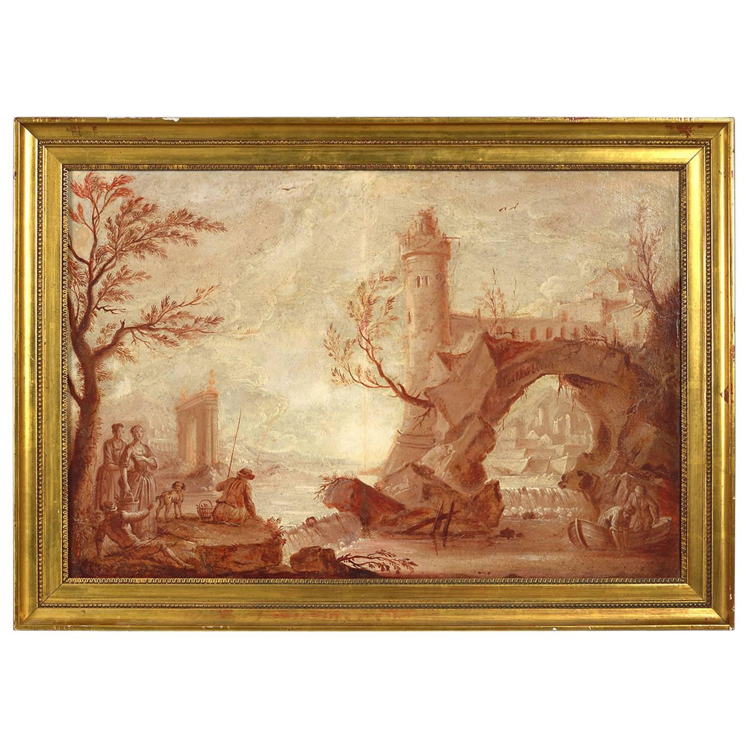 Mid-18th Century Oil on Canvas Capriccio View by De Lautherbourg For Sale