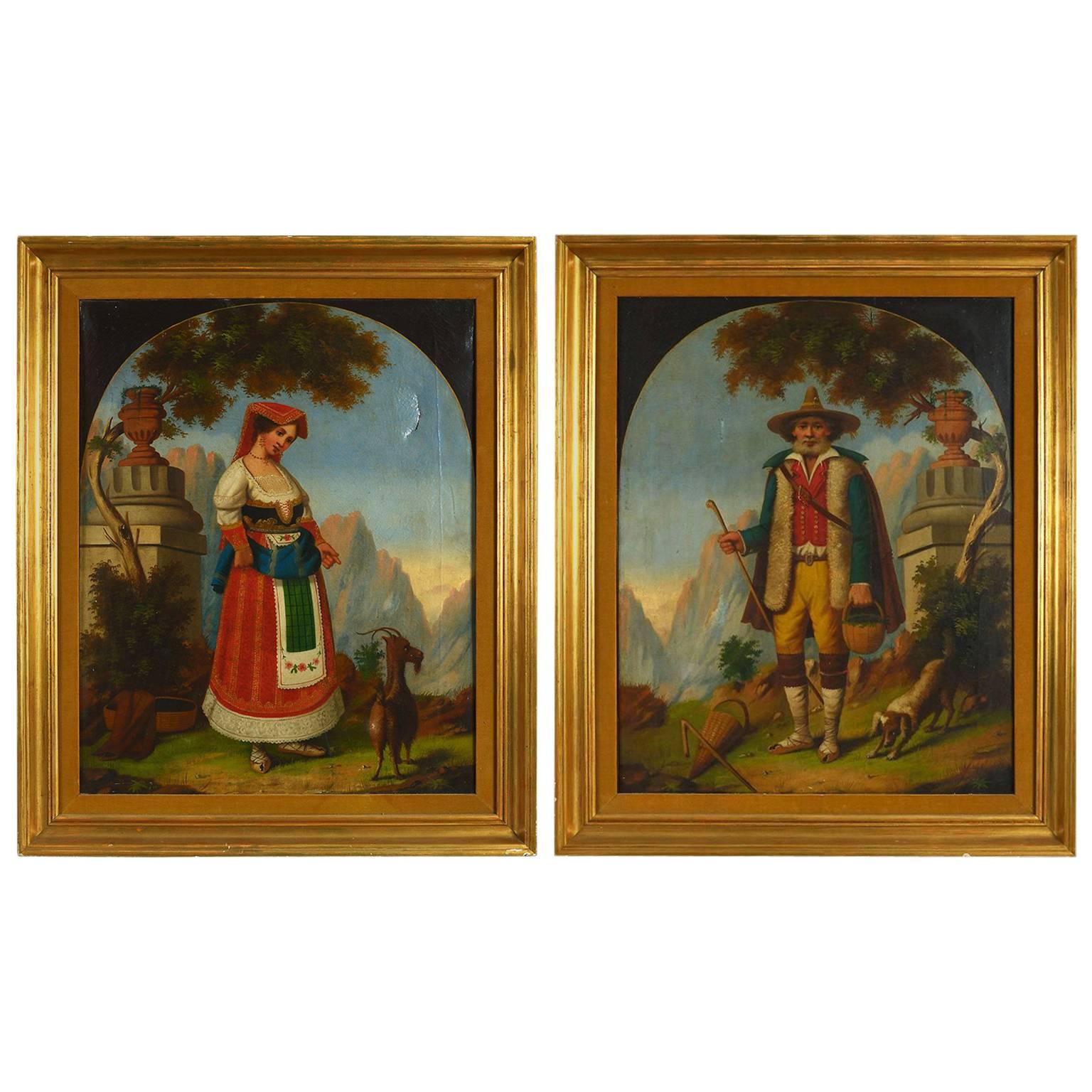 Charming Pair of Mid-19th Century Portrait Paintings of Swiss Peasants For Sale