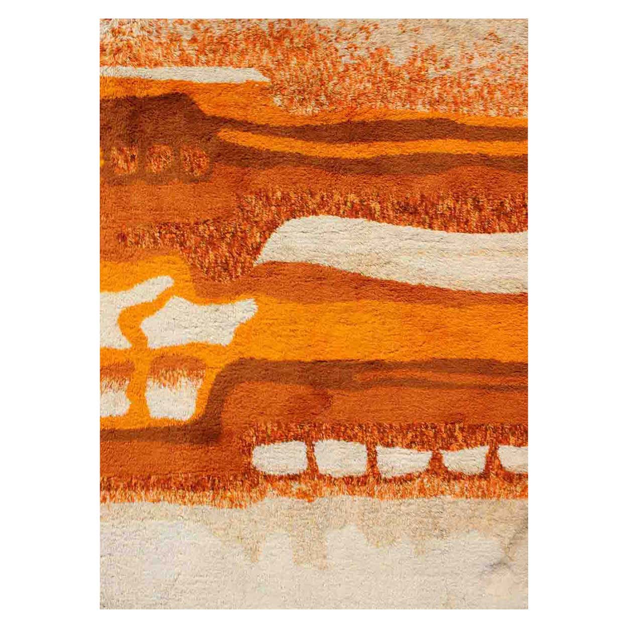 Vintage Swedish Rya Rug with Modern Design in Burnt Orange, Cream and ...