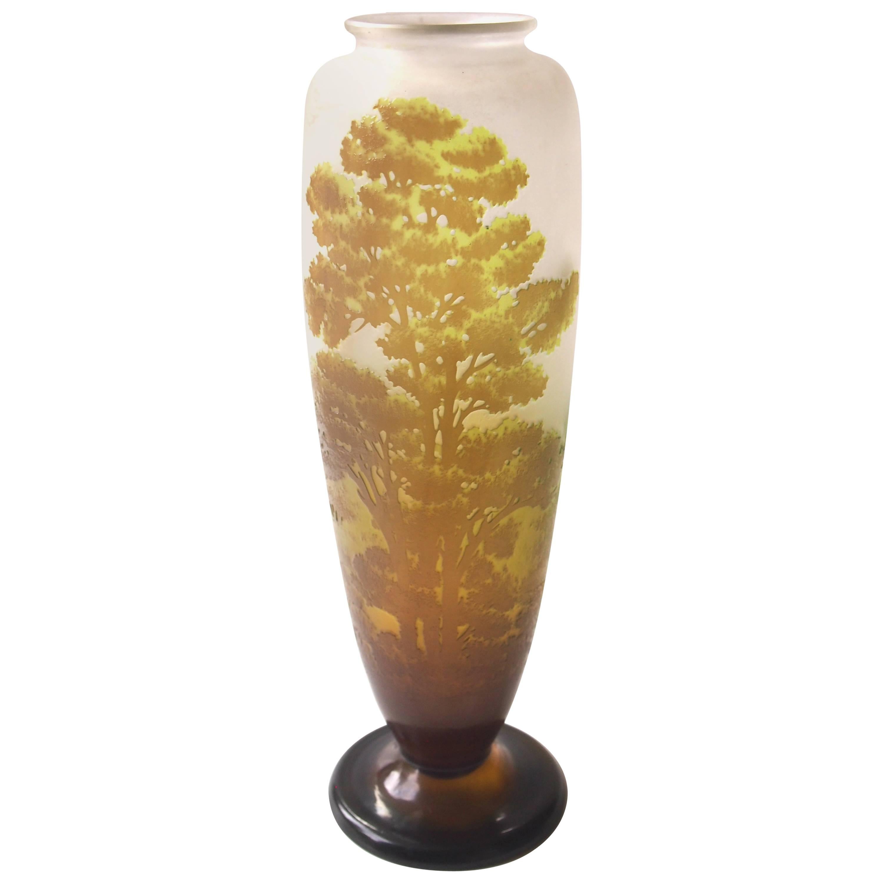 French Emile Galle Art Nouveau Cameo Glass Landscape Vase signed circa 1900 For Sale