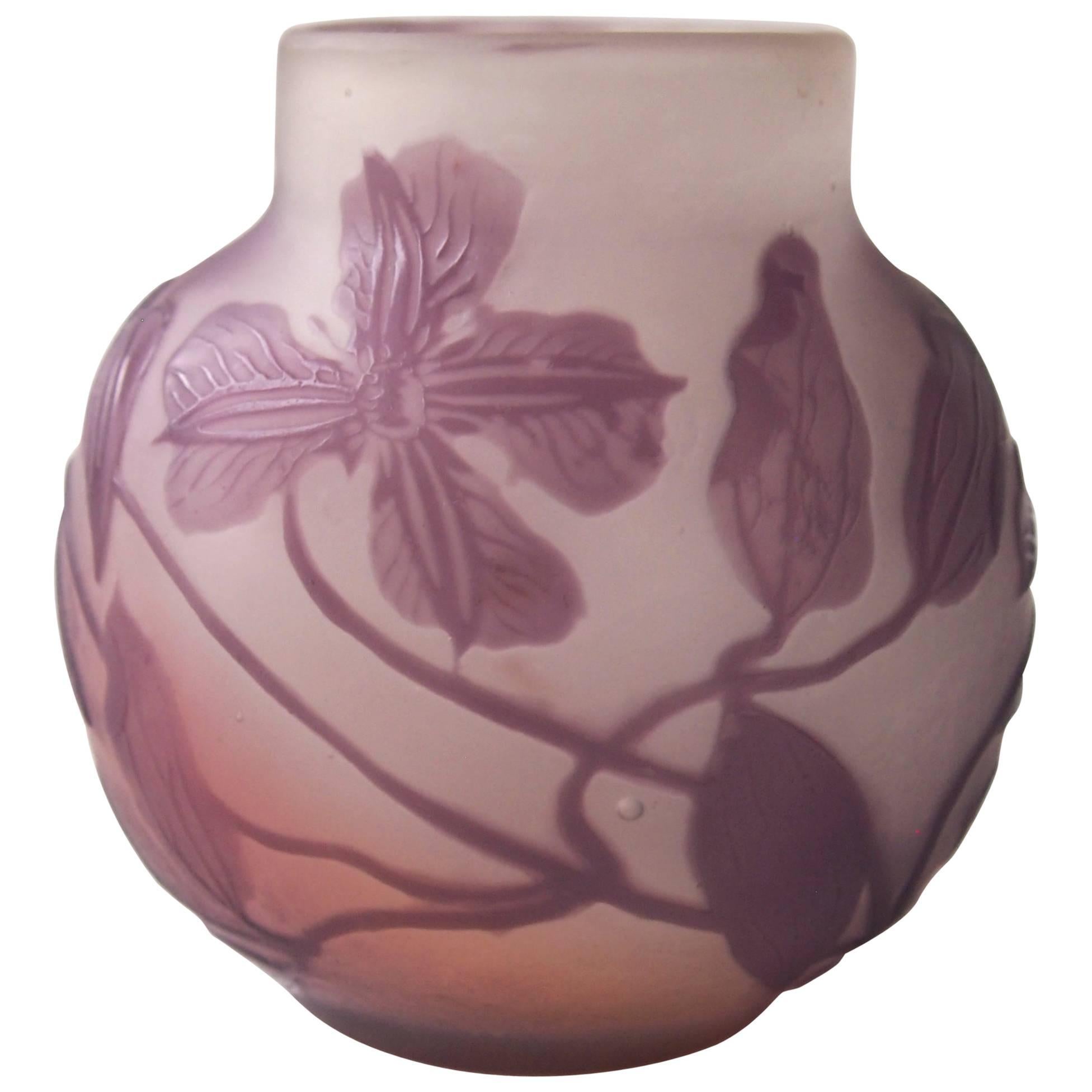 French Emile Galle Art Nouveau Clematis Cameo Glass Vase circa 1900 For Sale