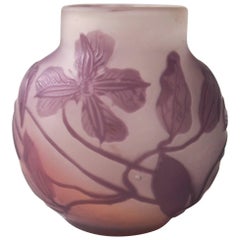 French Emile Galle Art Nouveau Clematis Cameo Glass Vase circa 1900