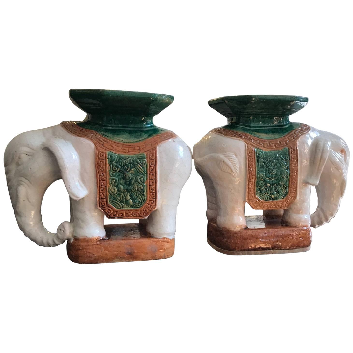 Pair of Italian Ceramic Elephant Garden Stools or Drinks Tables
