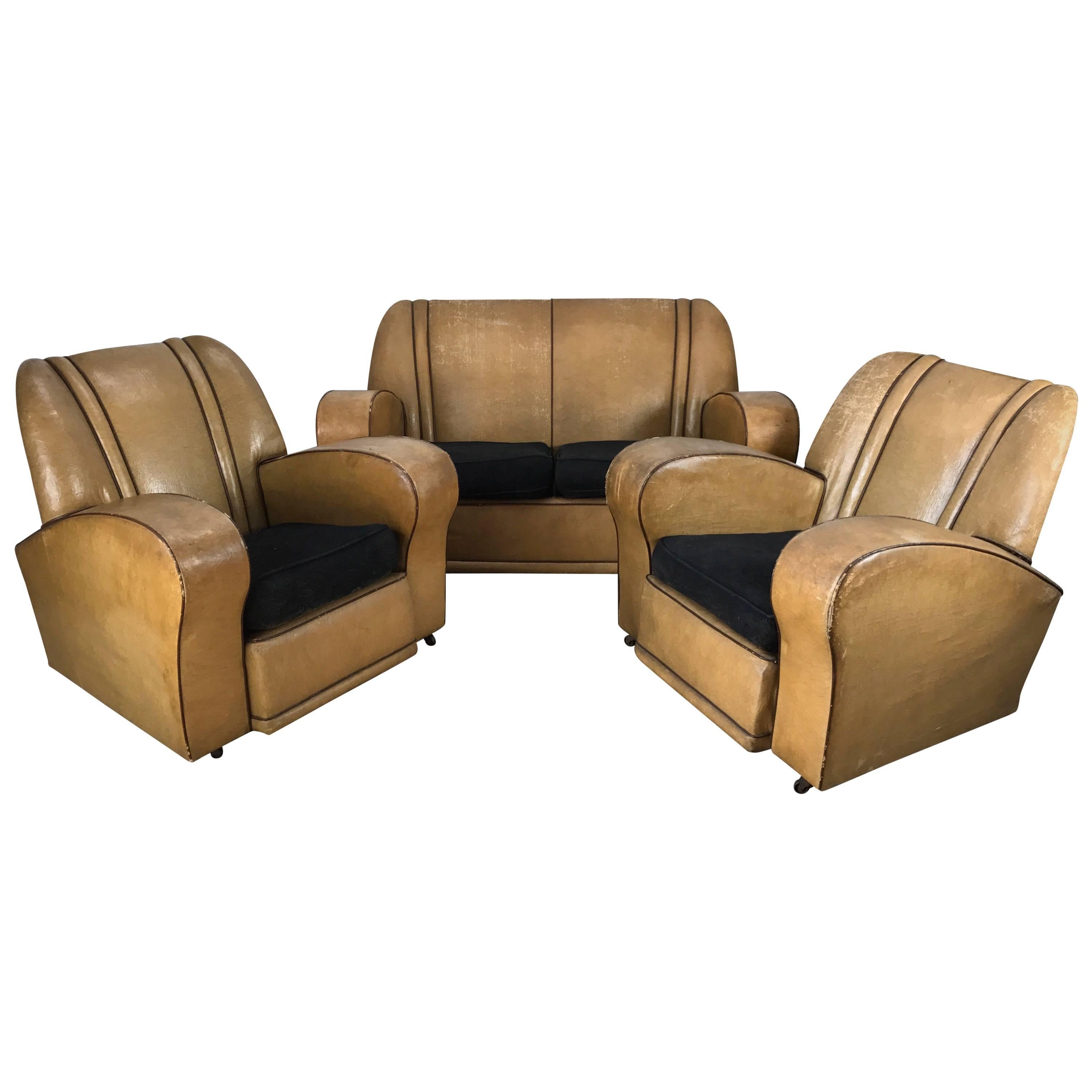 Three-Piece European Art Deco Suite, Matching Sofa and Club Chairs