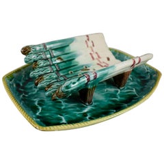 Louche à asperges en majolique anglaise du 19ème siècle sur le thème de l'océan avec plateau attaché