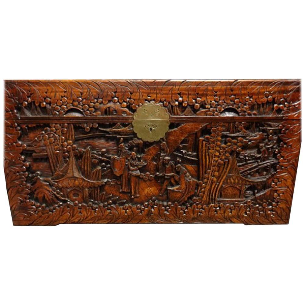 Carved Oriental Camphor Wood Chest, Ottoman, Coffer, Blanket Chest For Sale