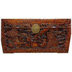 Carved Oriental Camphor Wood Chest, Ottoman, Coffer, Blanket Chest