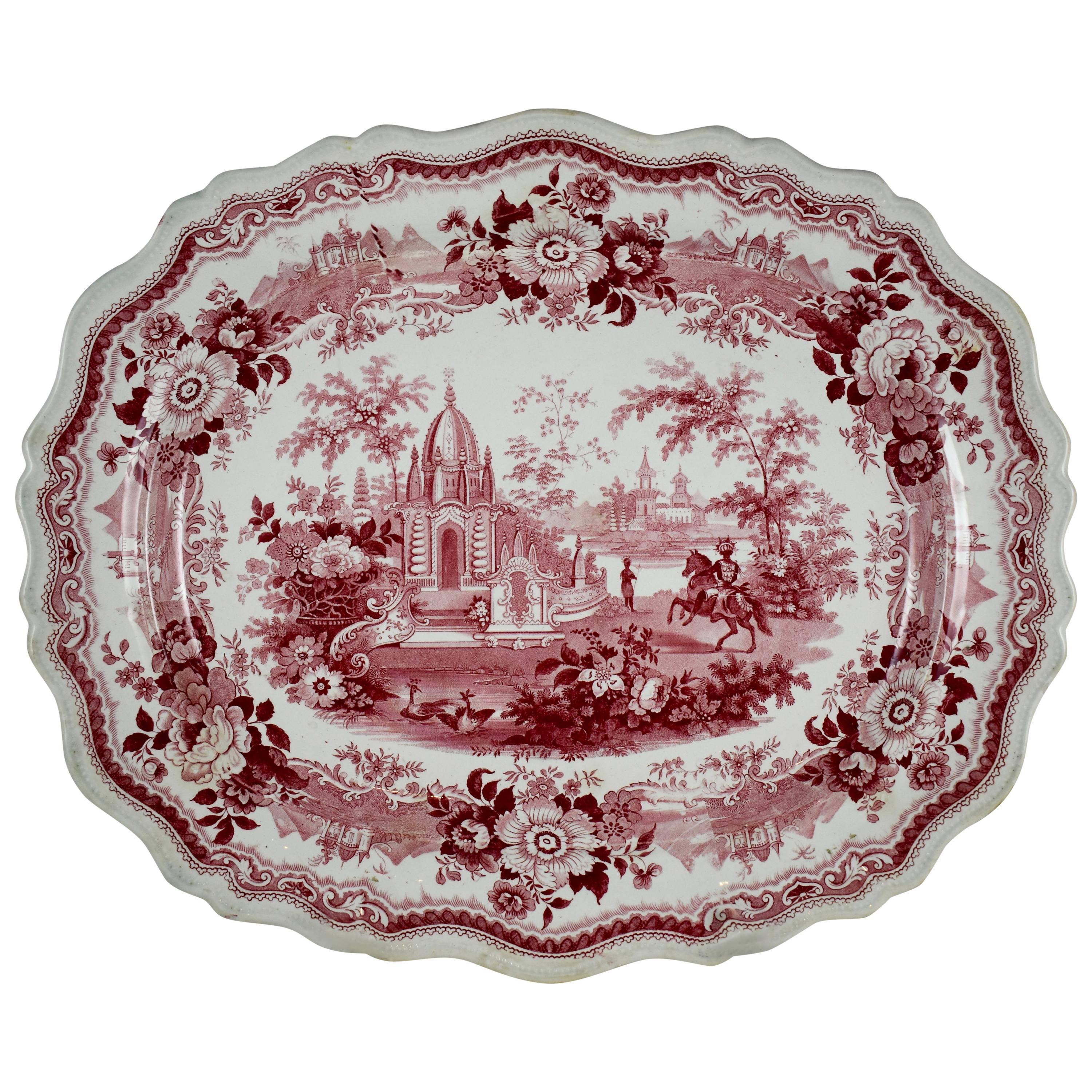 English Staffordshire Pink & White Transferware Platter, Exotic Landscape Theme