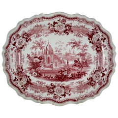 Antique English Staffordshire Pink & White Transferware Platter, Exotic Landscape Theme