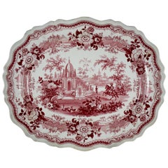 Plateau en porcelaine anglaise Staffordshire rose & blanc:: thème paysage exotique