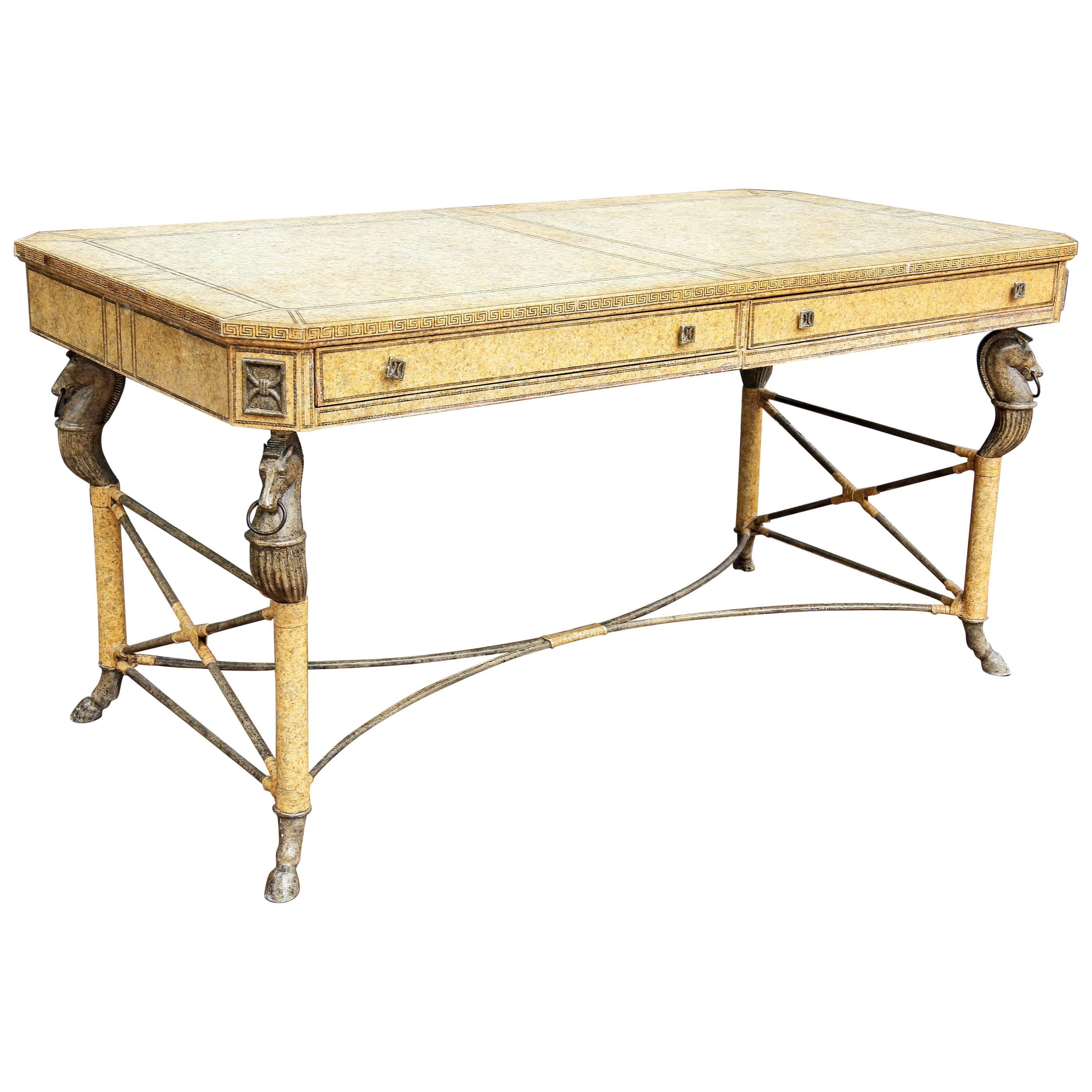 Neoclassical Desk Leather and Wrought Iron by Maitland Smith