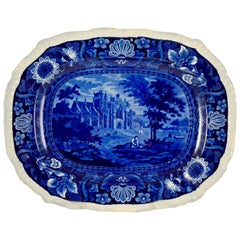 Antique Ralph Stevenson English Staffordshire Blue Transferware Melrose Abbey Platter