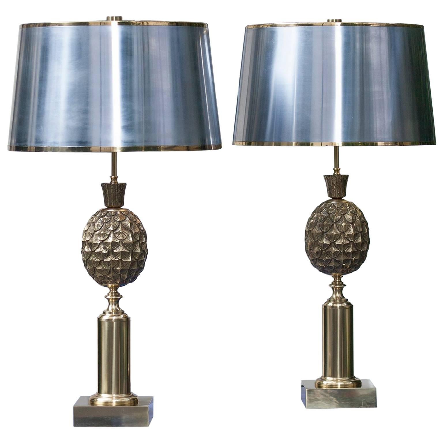 Golden Pineapple Table Lamp Attributed to Maison Charles, Set of Two