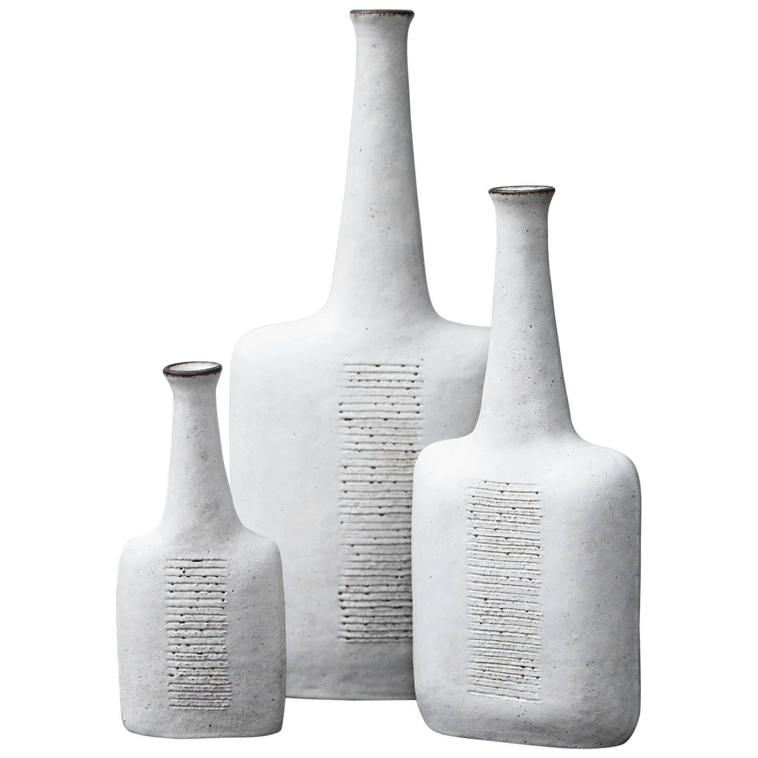 Three Bruno Gambone Stone Ware Greige Vase, 1984
