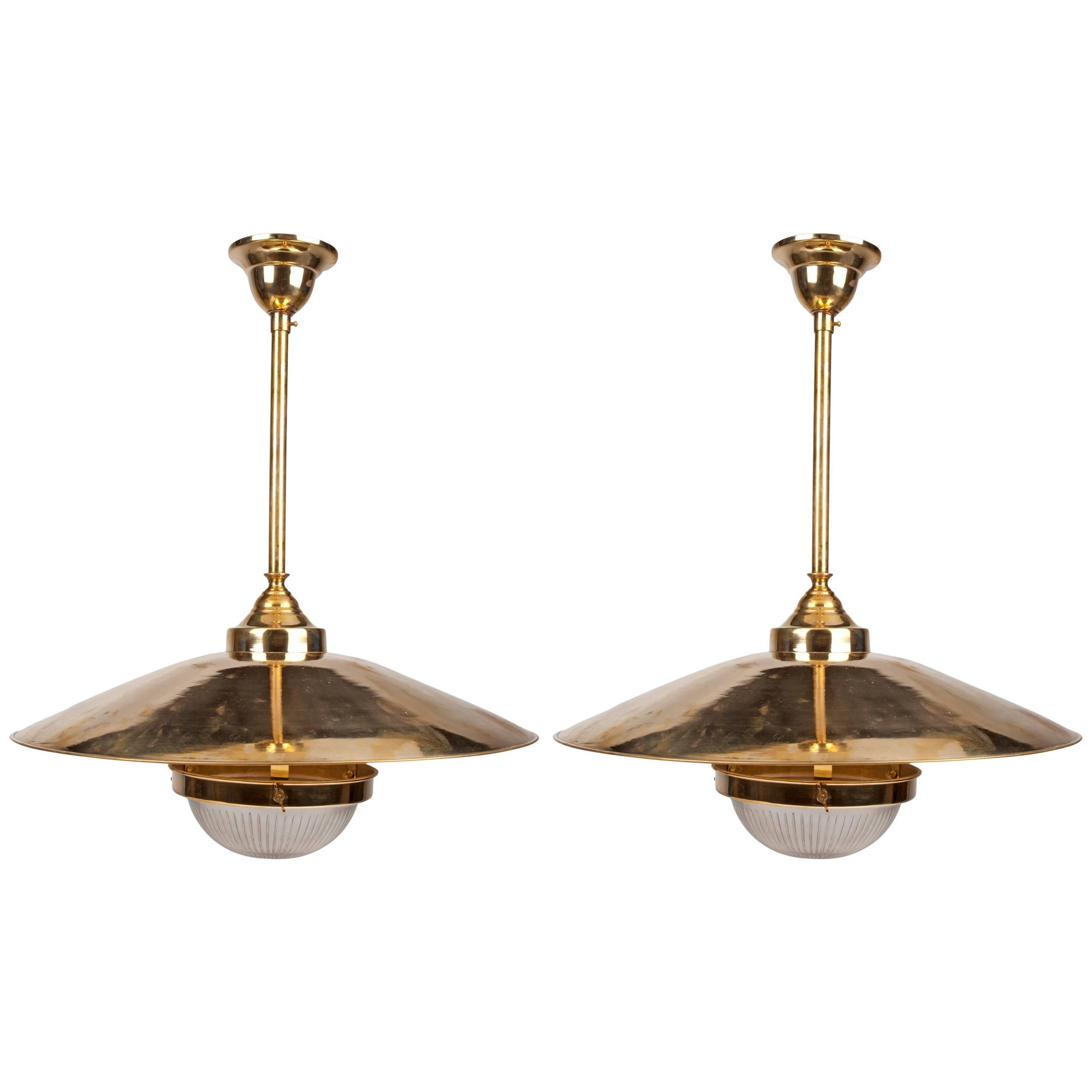 Pair of Brass Pendant Lights with Fresnel Glass Shade, Midcentury